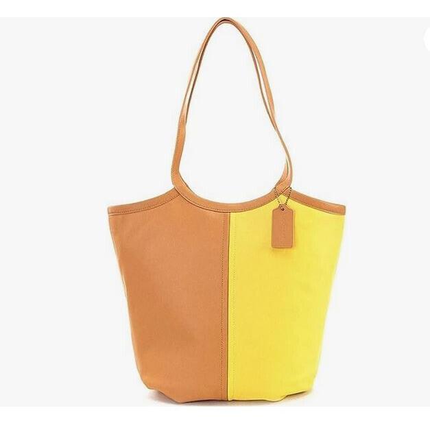 Coach Bea Colorblock Leather Shoulder Tote Yellow Tan