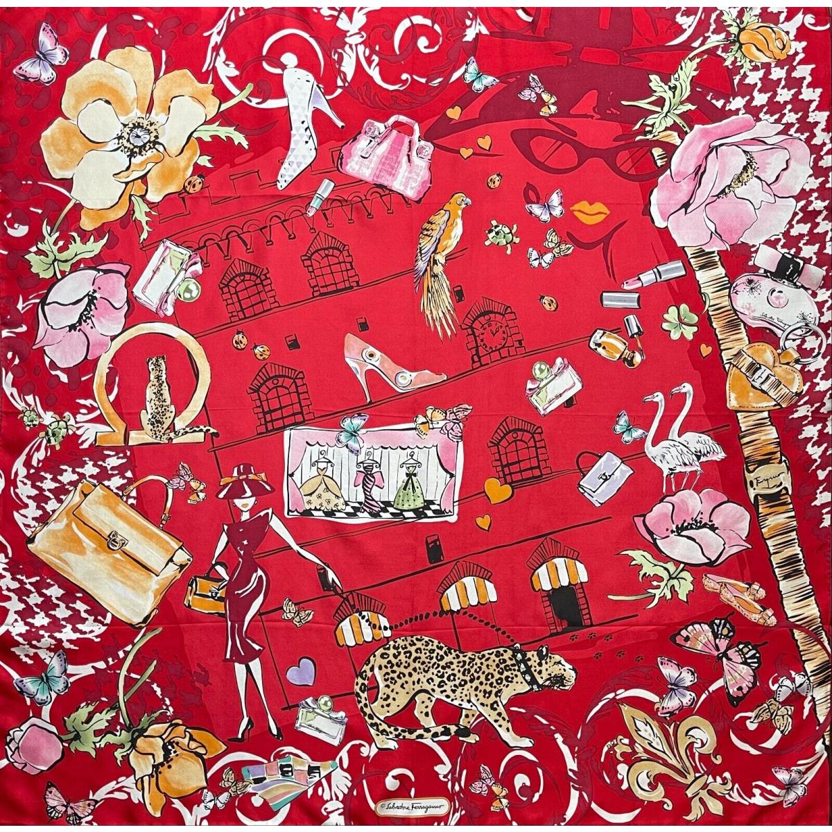 Salvatore Ferragamo Scarf Icons Animal Flora Beauty Bag Red Unisex Silk Wrap