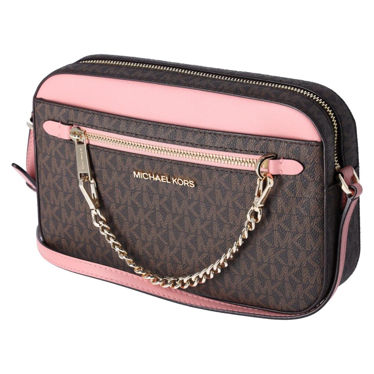 Michael Kors Jet Set Large East West Chain Crossbody Brown MK Pink + Wristlet - Handle/Strap: Pink, Hardware: Gold, Exterior: Brown