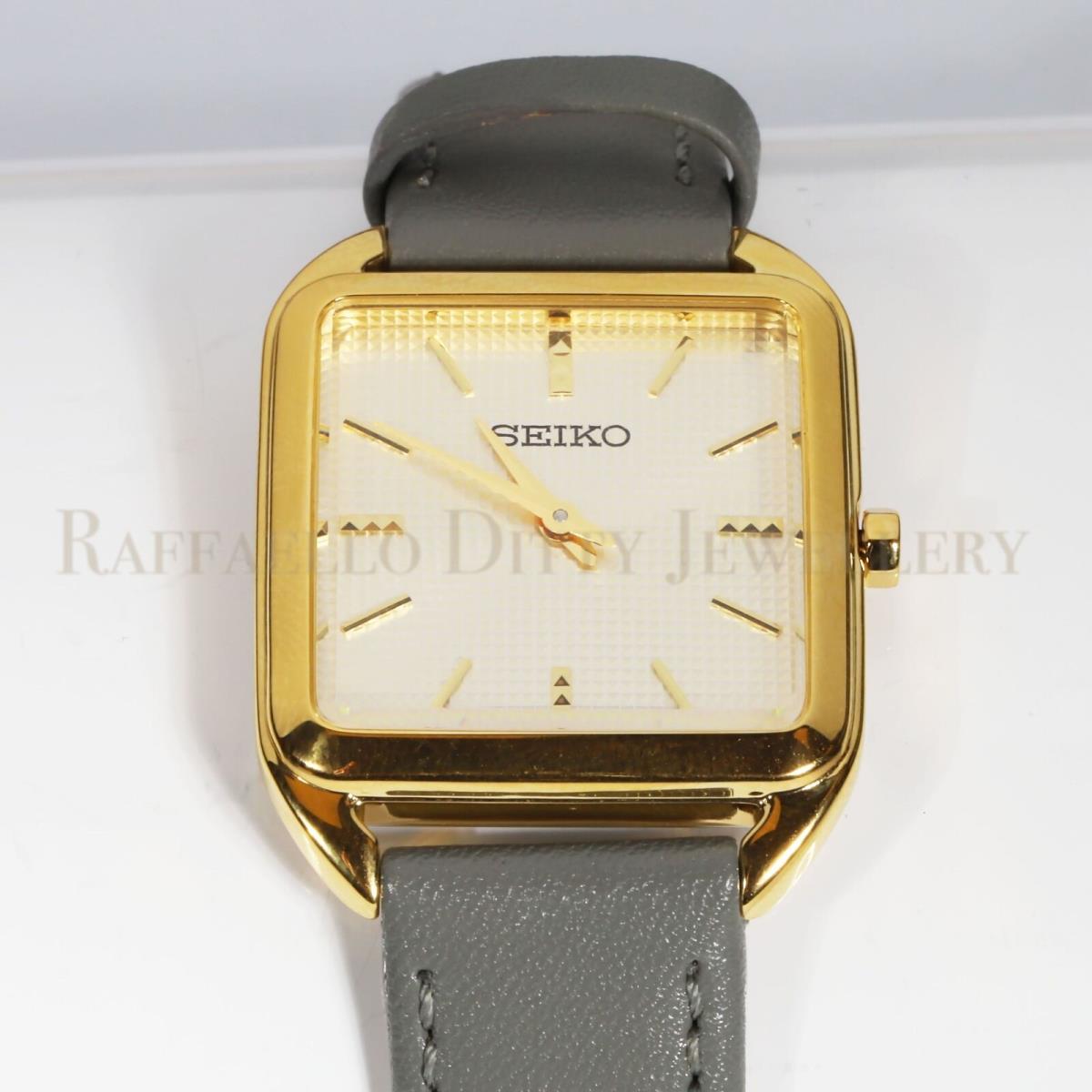 Seiko Women Watch Rectangular Quartz Beige Dial Gray Leather Gold Tone SWR090