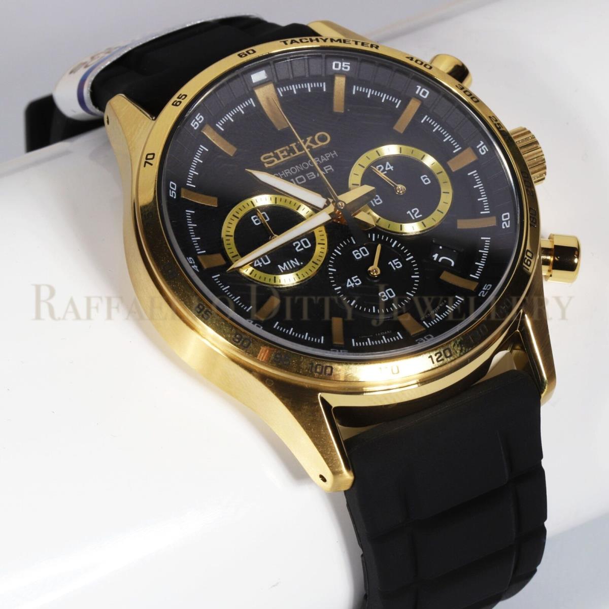 Seiko Men`s Watch Chronograph Black Dial Silicone Strap Gold Tone Date SSB446