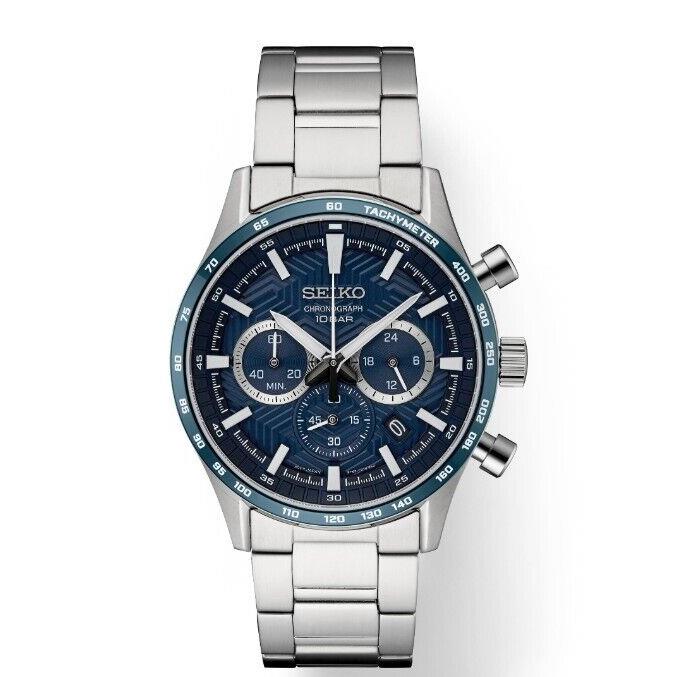 Seiko Essentials Blue Chronograph Dial Stainless Steel Men`s Watch SSB445