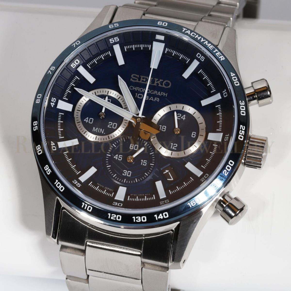 Seiko Men`s Watch Chronograph Blue Dial Stainless Silver Steel Bracelet SSB445