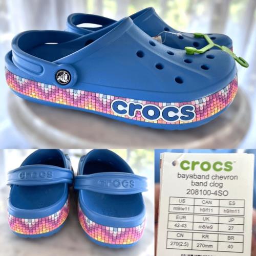 Crocs Bayaband Chevron Band Clogs Blue/multicolor Bottom Band Women s 11 Mens 9