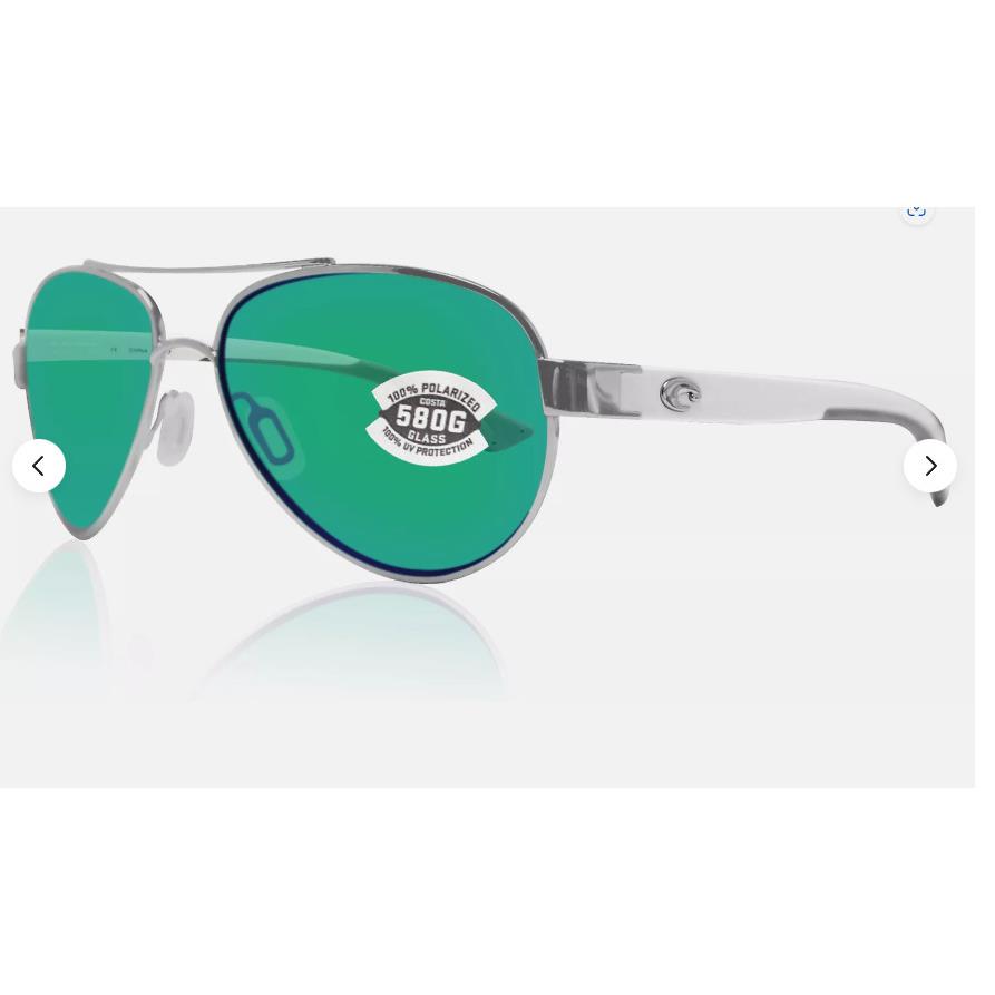 Costa Del Mar Loreto Palladium White Green Mirror 580G Glass Polarized Lens