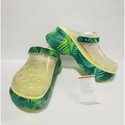 Women`s 5 Crocs Classic Bae Clogs Pale Yellow Green Palms Mules Shoes