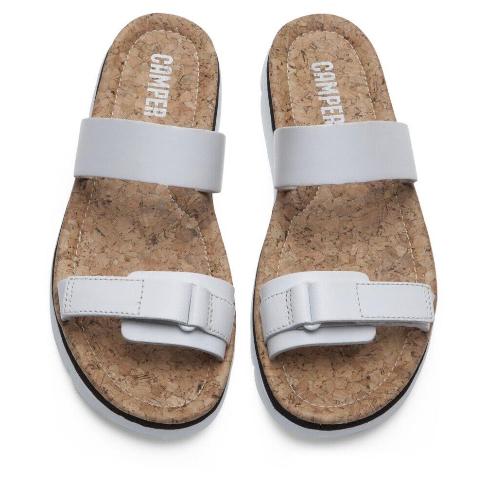 Women Camper Oruga Slide Leather Sandals with Cork Footbed White