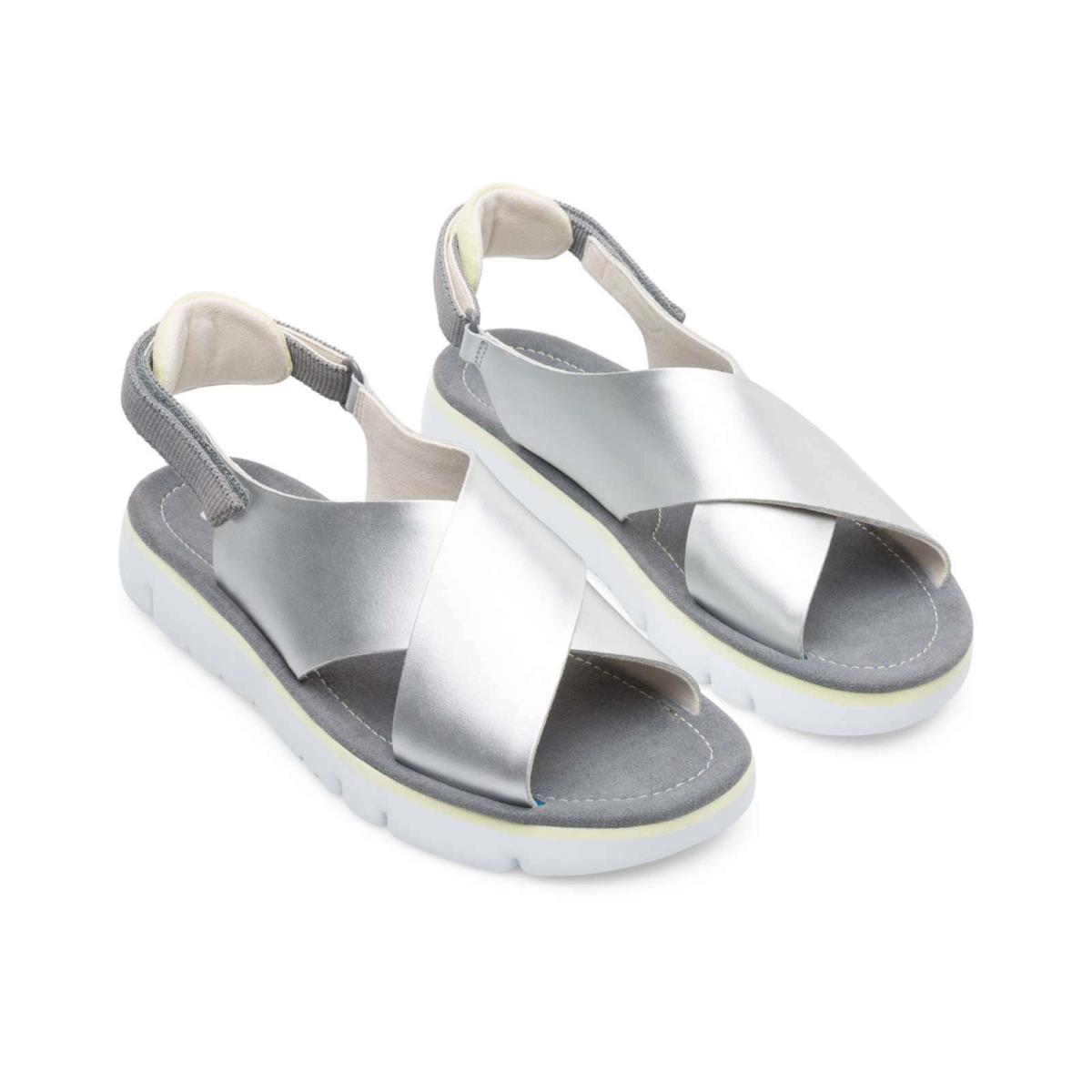 Camper Women`s Oruga Slingback Strap Sandals Open Toe Leather Summer Shoes Silver