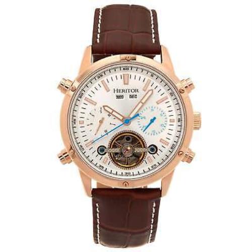 Heritor Automatic Wilhelm Semi-skeleton Leather Watch W/day/date-brown/rose Gold