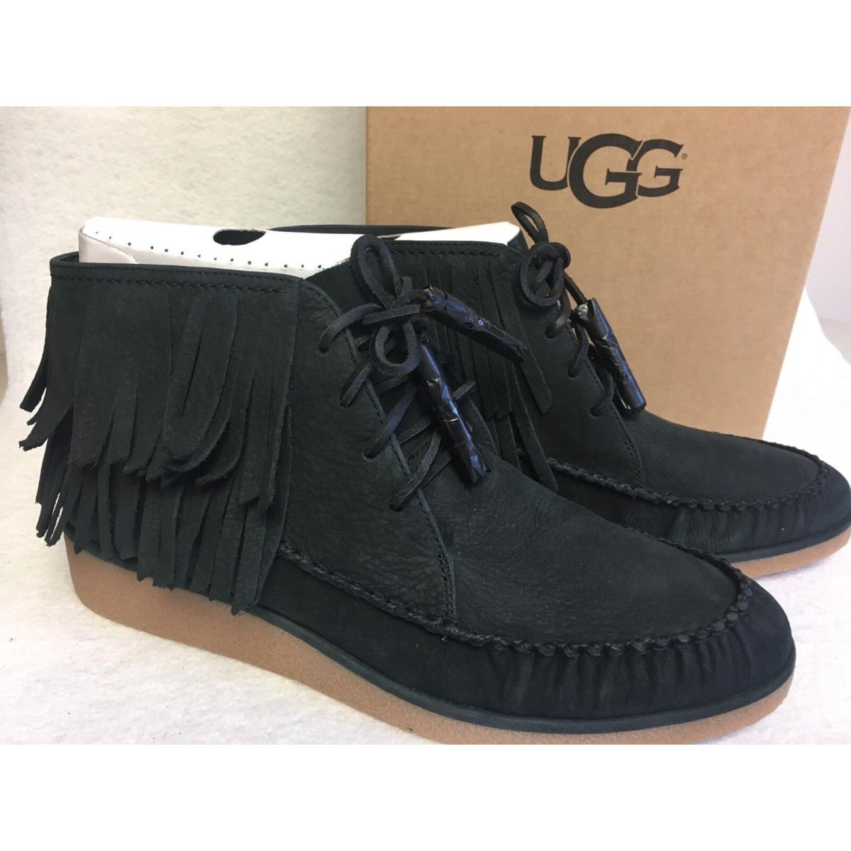 Ugg Australia Caleb Black Fringe Nubuck Slip ON Booties Shoes Sizes 1018944