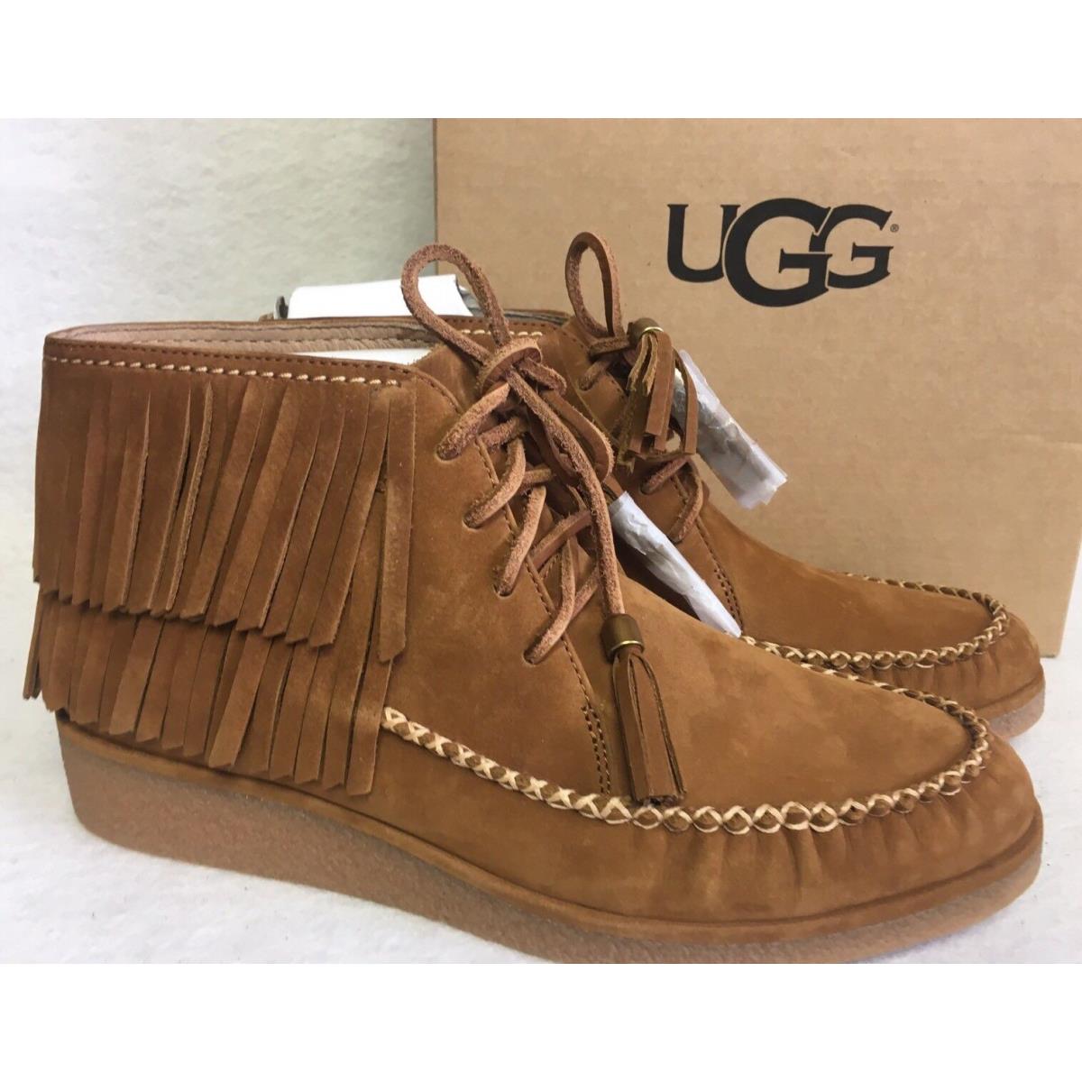 Ugg Australia Caleb Chestnut Fringe Nubuck Slip ON Booties Shoes Sizes 1018944