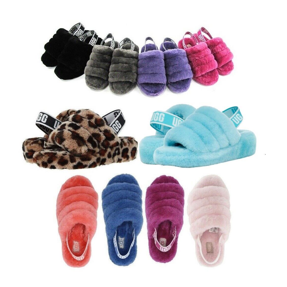 Ugg Soft Fluff Yeah Slide Slippers Women`s Shoes Sandal Black Pink Chestnut - Black, Pink