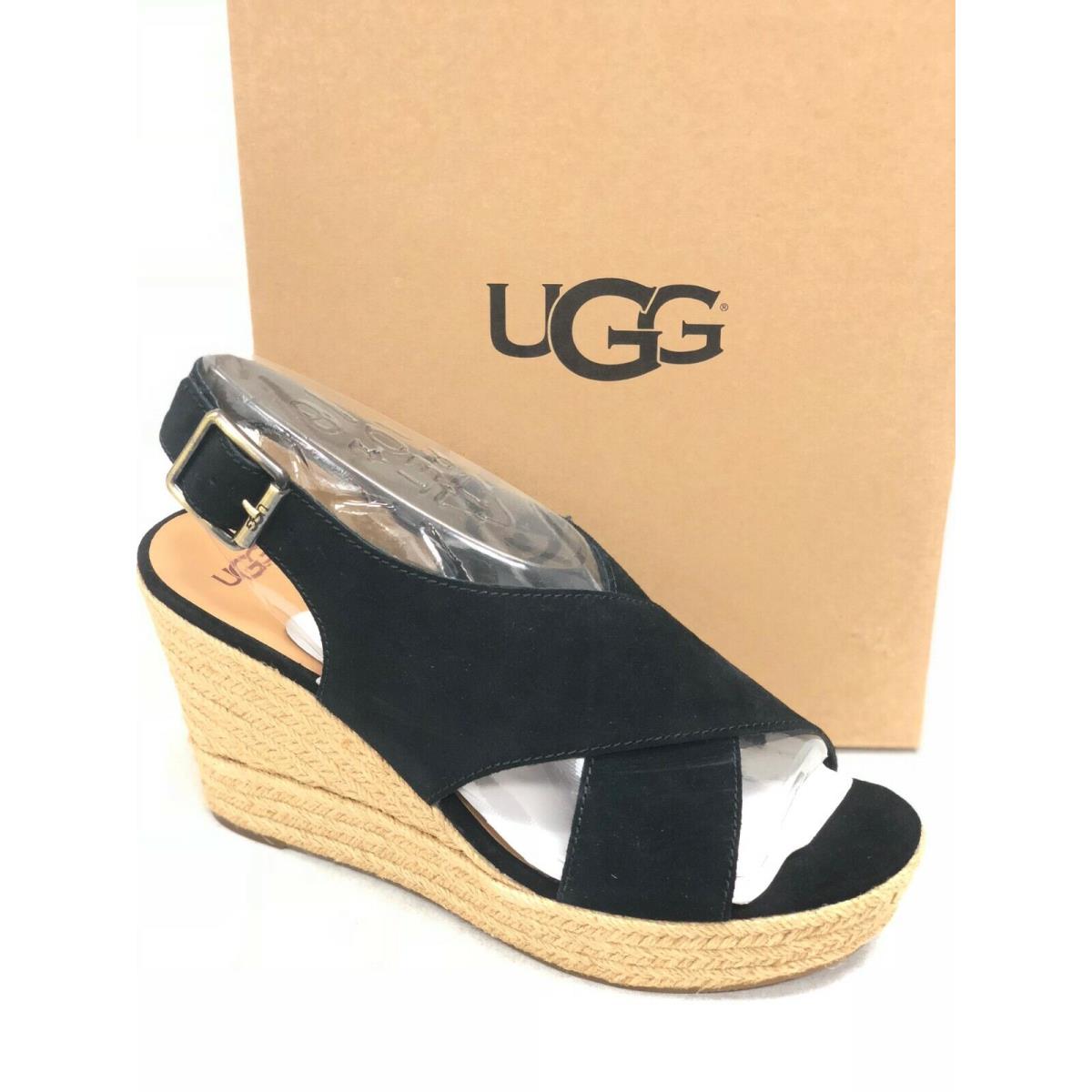 Ugg Australia Women`s Harlow Black Suede Wedge Heel Shoes Espadrille 1019902