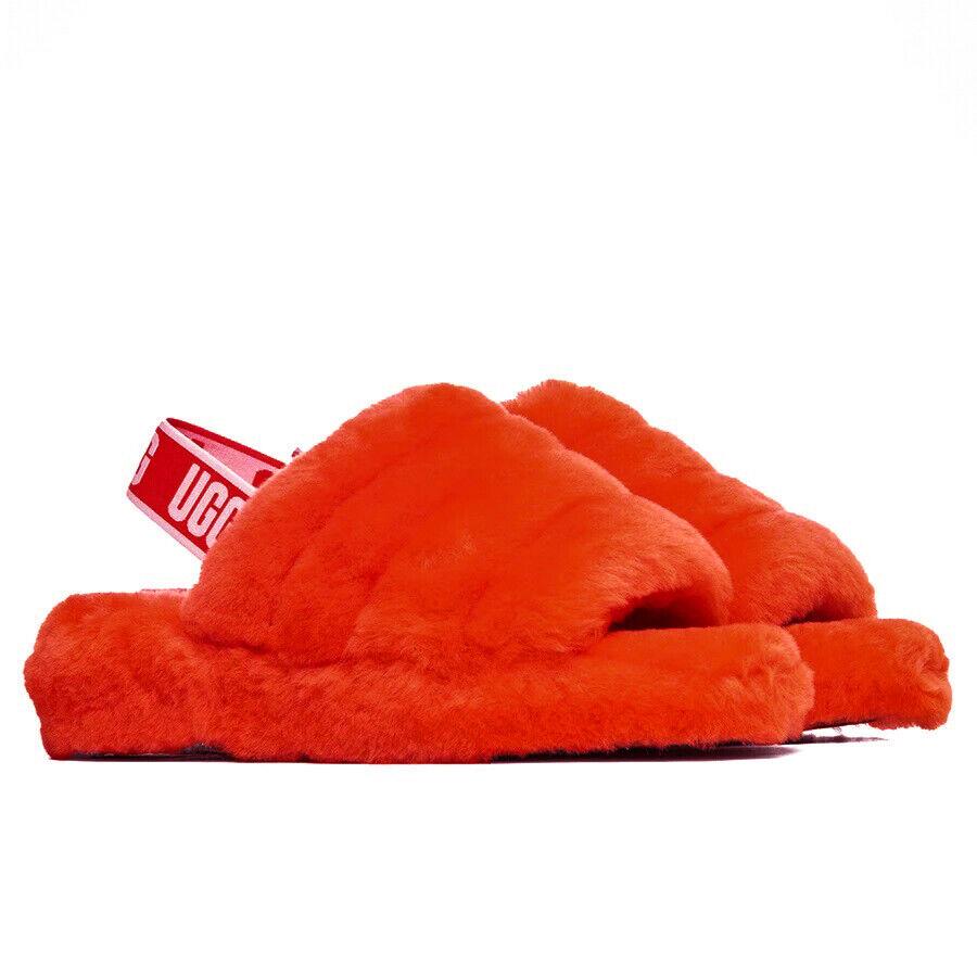 Women`s Ugg Brand Fluff Yeah Red Slide Comfy Shoes Slipper Sandals 1095119 - Red Currant