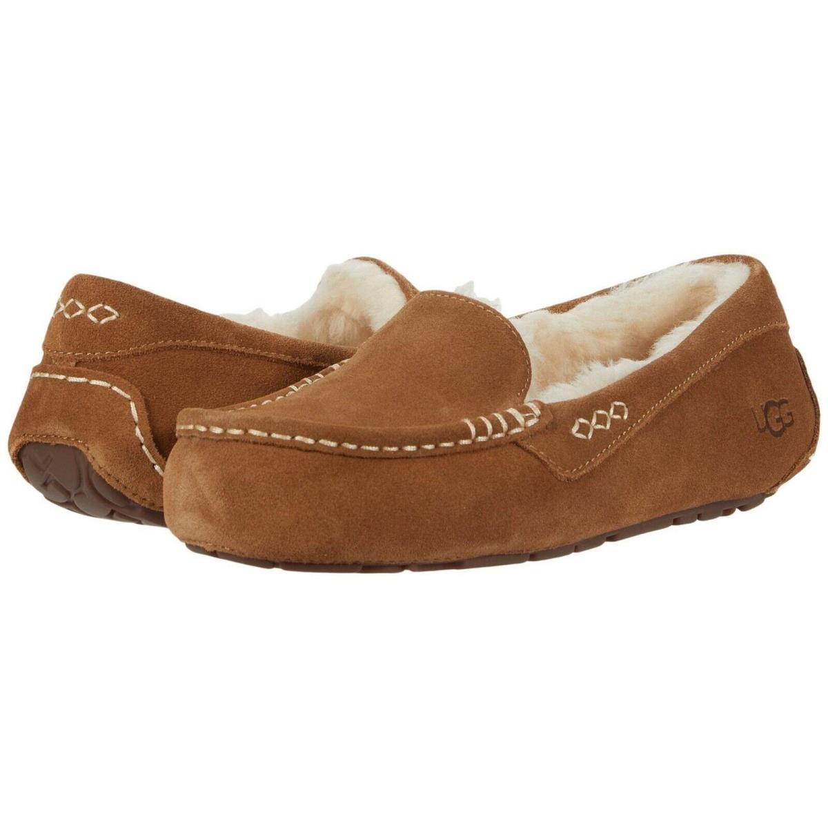 Women`s Shoes Ugg Ansley Suede Indoor/outdoor Moccasin Slippers 1106878 Chestnut - Brown