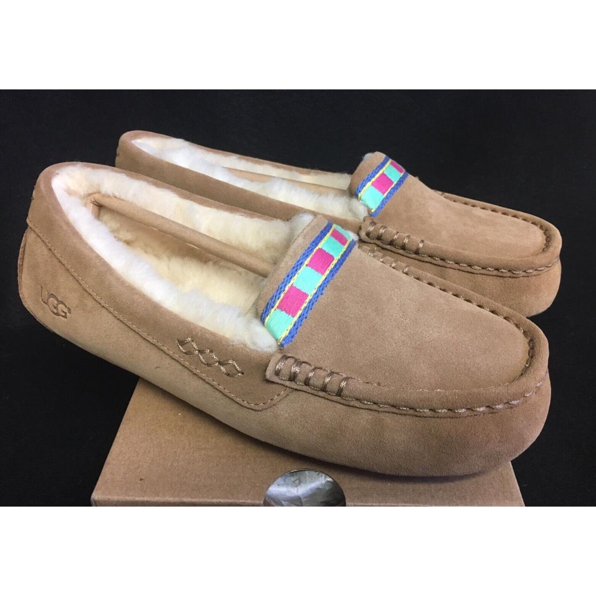 Ugg Australia Ansley Embroidery Suede Sheepskin Moccasin Slippers 1016162