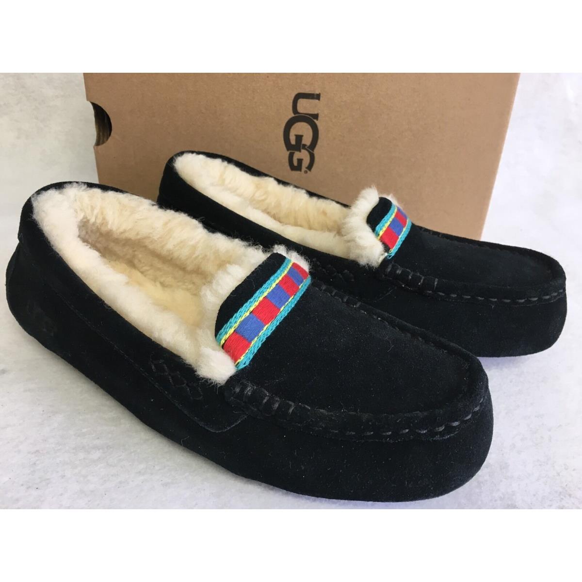 Ugg Australia Ansley Embroidery Black Suede Sheepskin Moccasin Slippers 1016162