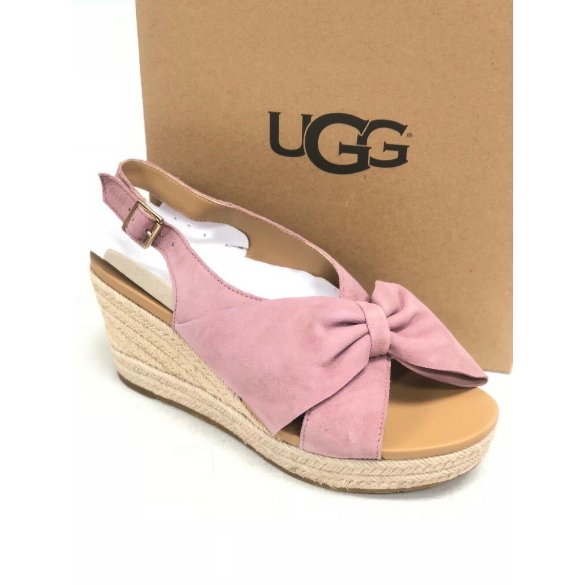 Ugg Women`s Camilla Powder Pink Seude Bow Slingback Wedge Heel Shoes 1100976