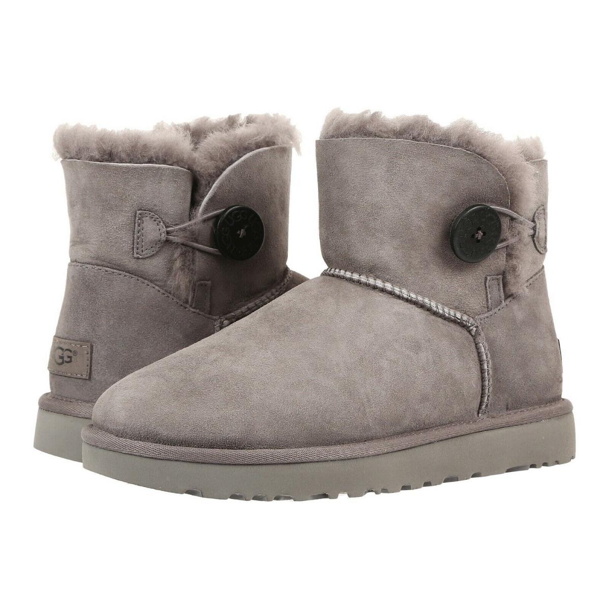 Women`s Shoes Ugg Mini Bailey Button II Suede Sheepskin Boots 1016422 Grey - Gray