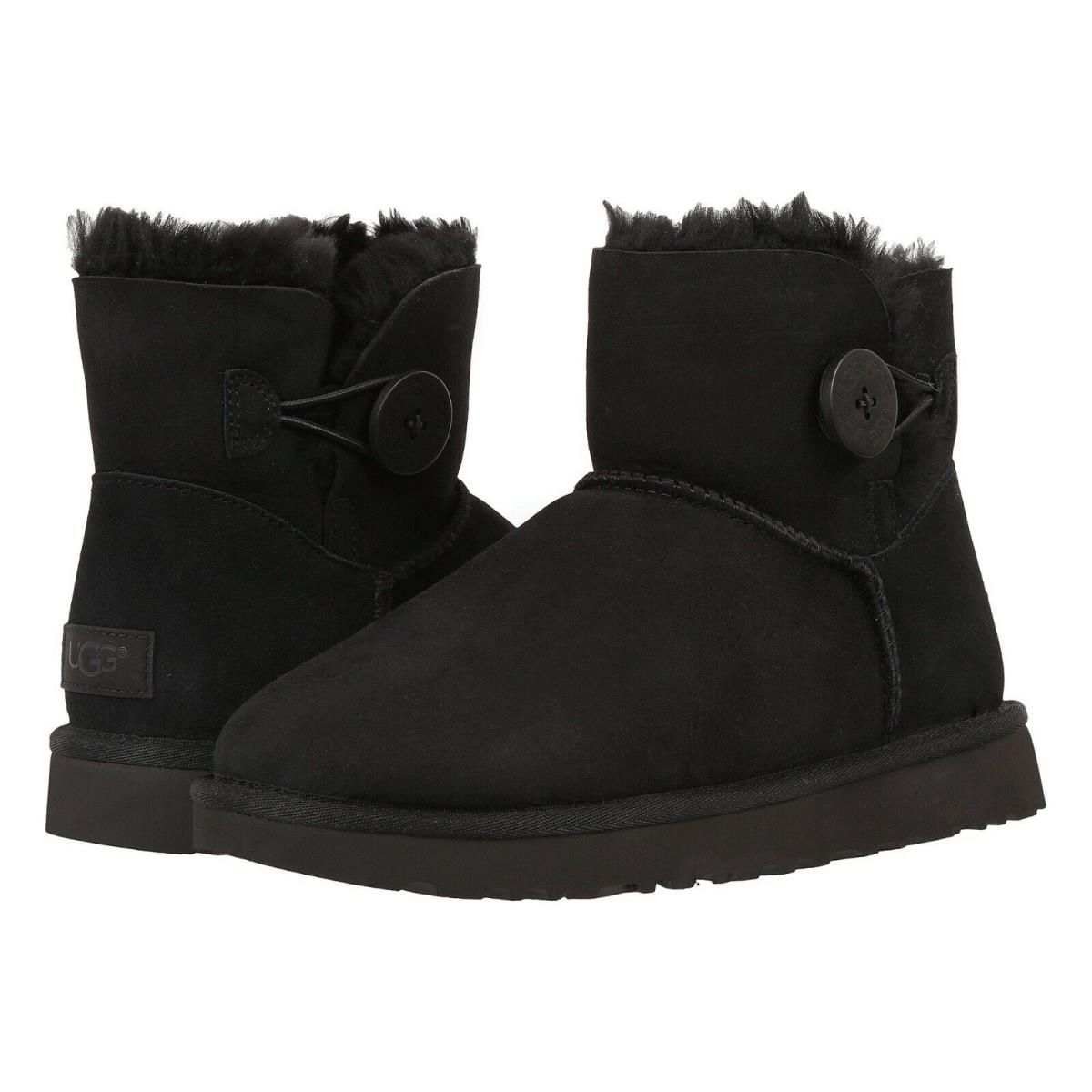 Women`s Shoes Ugg Mini Bailey Button II Suede Sheepskin Boots 1016422 Black - Black