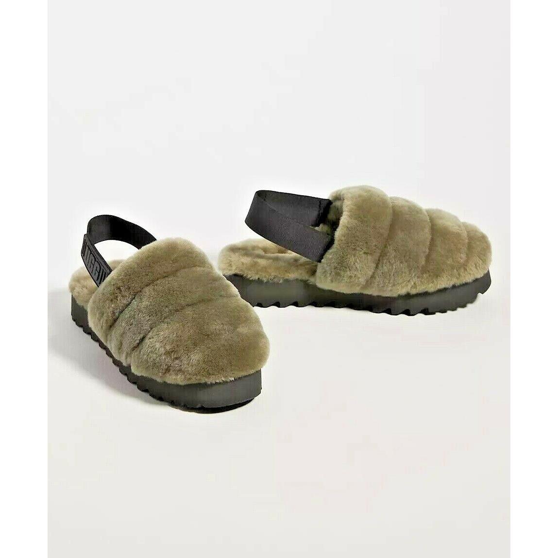 Women`s Shoes Ugg Brand 1121751 Soft Super Fluff Slippers Logo Strap B Olive