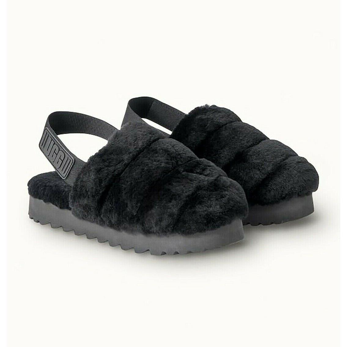 Women`s Shoes Ugg Brand 1121751 Soft Super Fluff Slippers Logo Strap Black