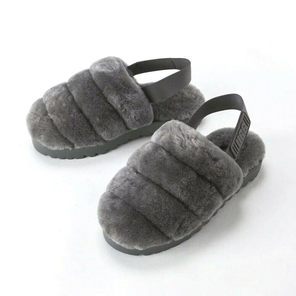 Women`s Shoes Ugg Brand 1121751 Soft Super Fluff Slippers Logo Strap Grey