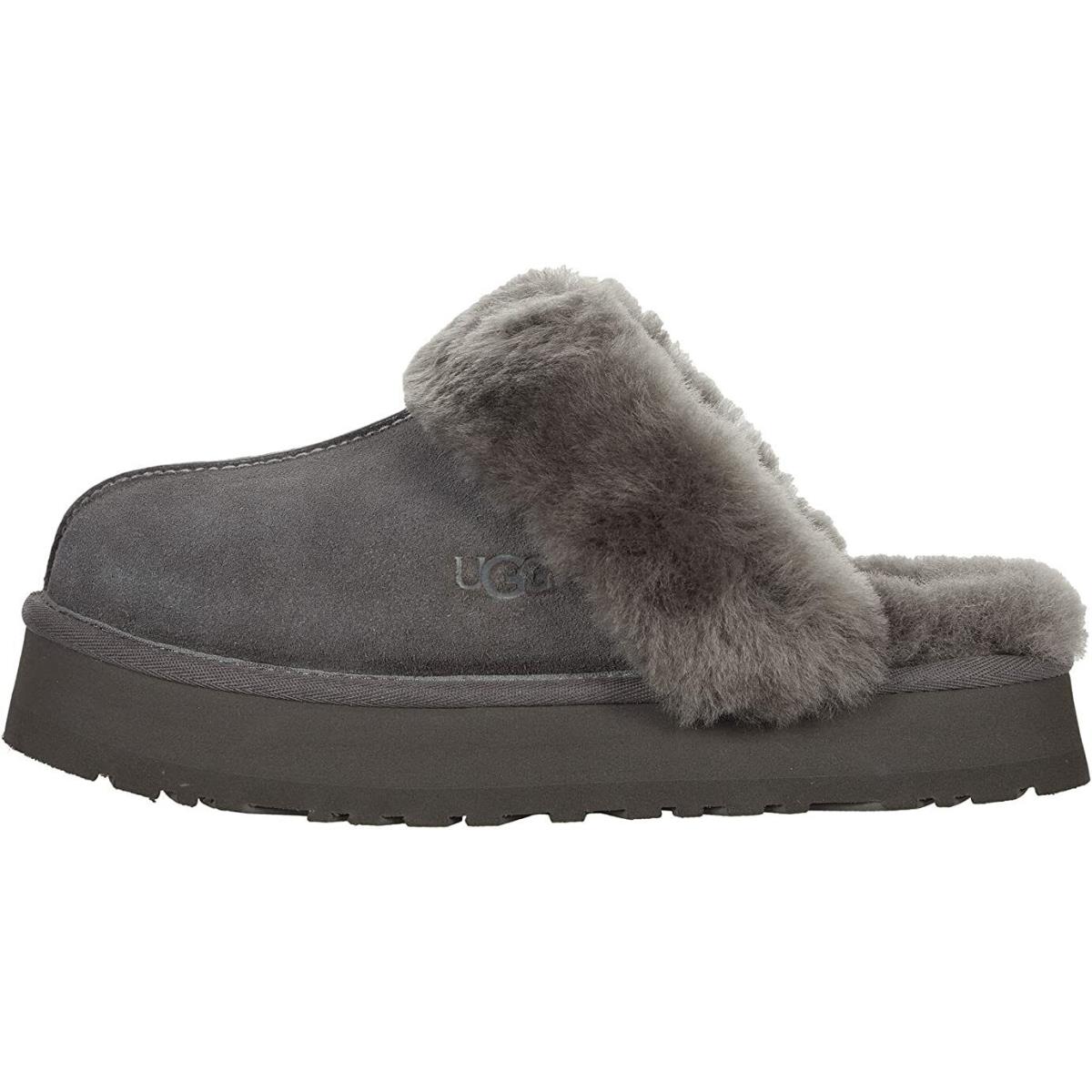 Women`s Shoes Ugg Disquette Platform Sheepskin Suede Slippers 1122550 Charcoal - Gray