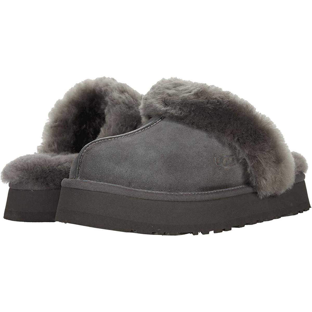 Women`s Shoes Ugg Disquette Platform Sheepskin Suede Slippers 1122550 Charcoal