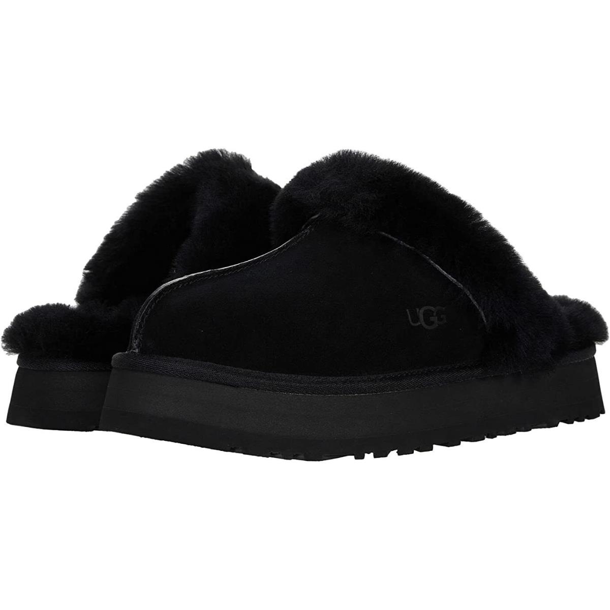Women`s Shoes Ugg Disquette Platform Sheepskin Suede Slippers 1122550 Black - Black