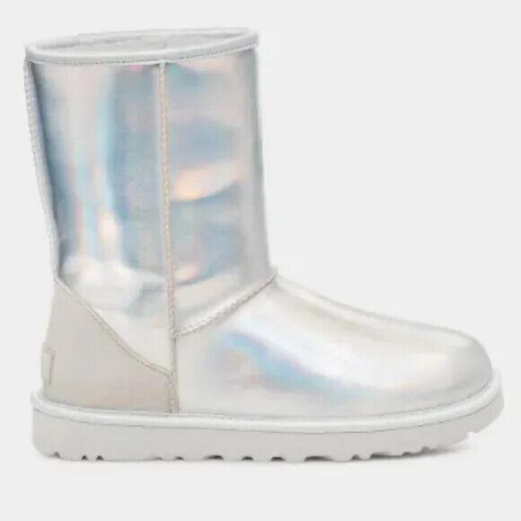 Ugg Uggs Classic Short Iridescent Grey Silver Leather Boots Shoes 6