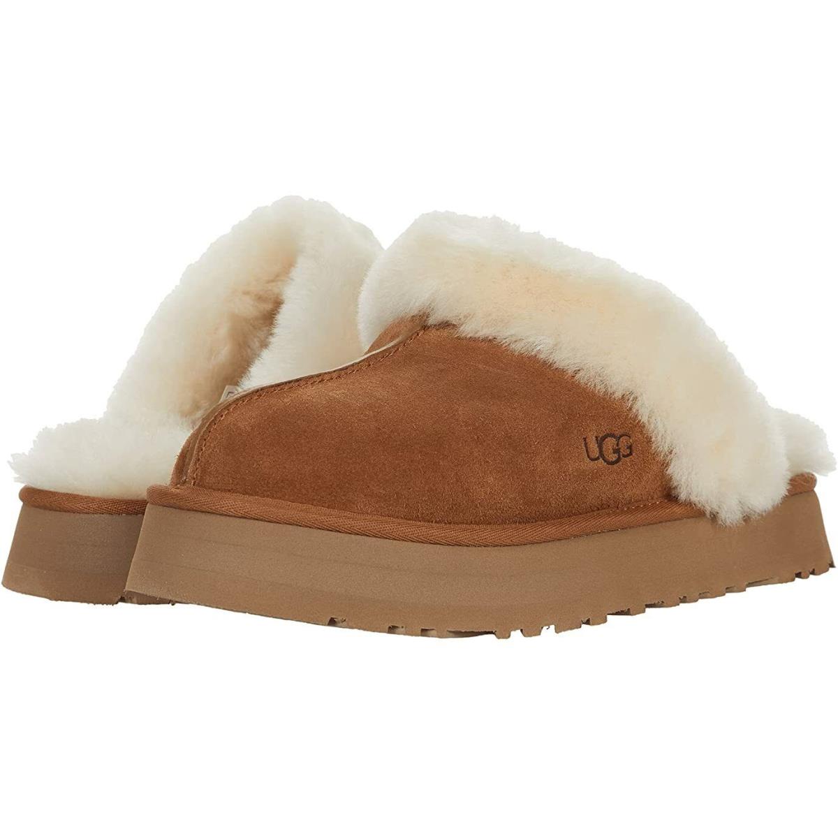 Women`s Shoes Ugg Disquette Platform Sheepskin Suede Slippers 1122550 Chestnut - Brown