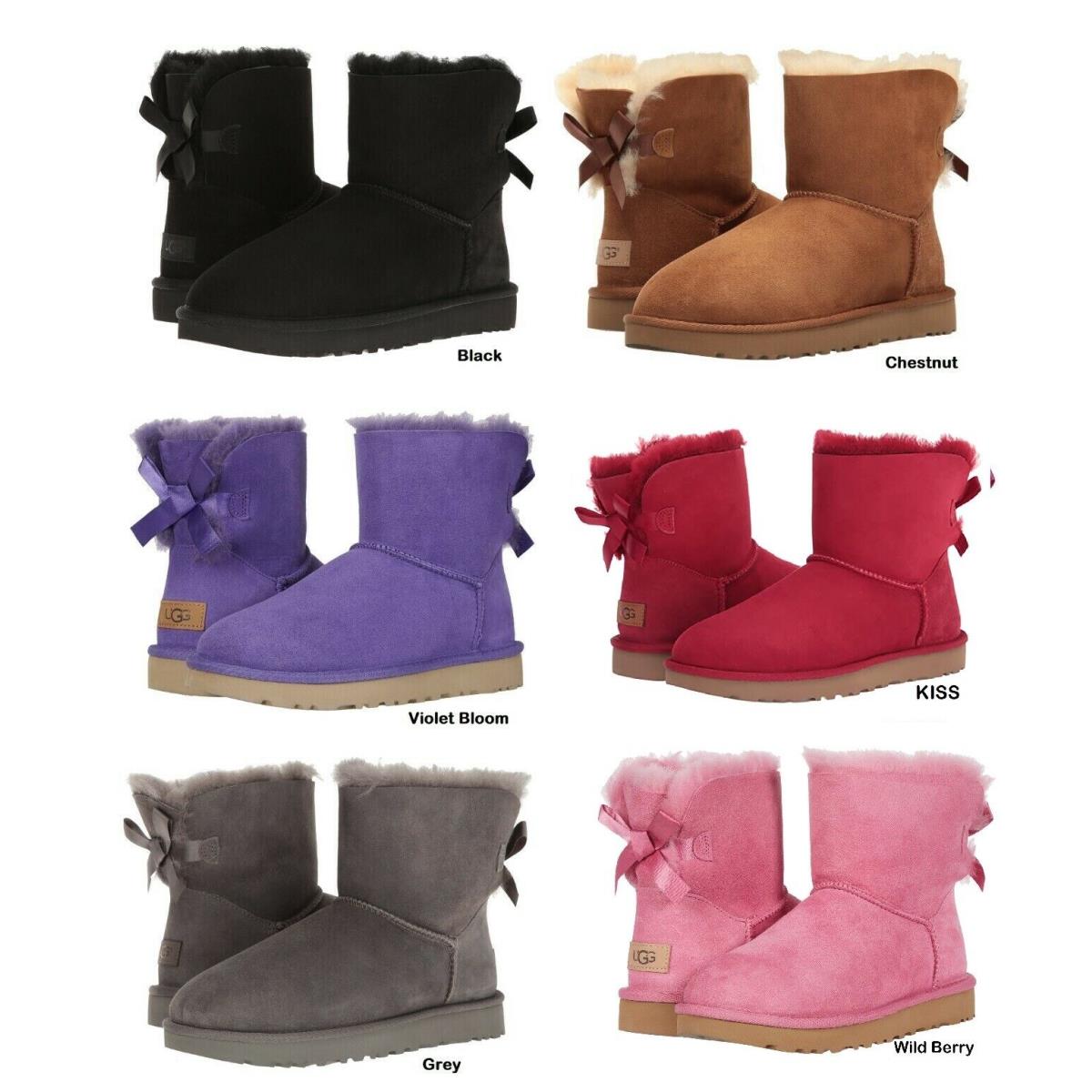Ugg Women`s Mini Bailey Bow II Boots Shoes Black Chestnut Pink + - Black