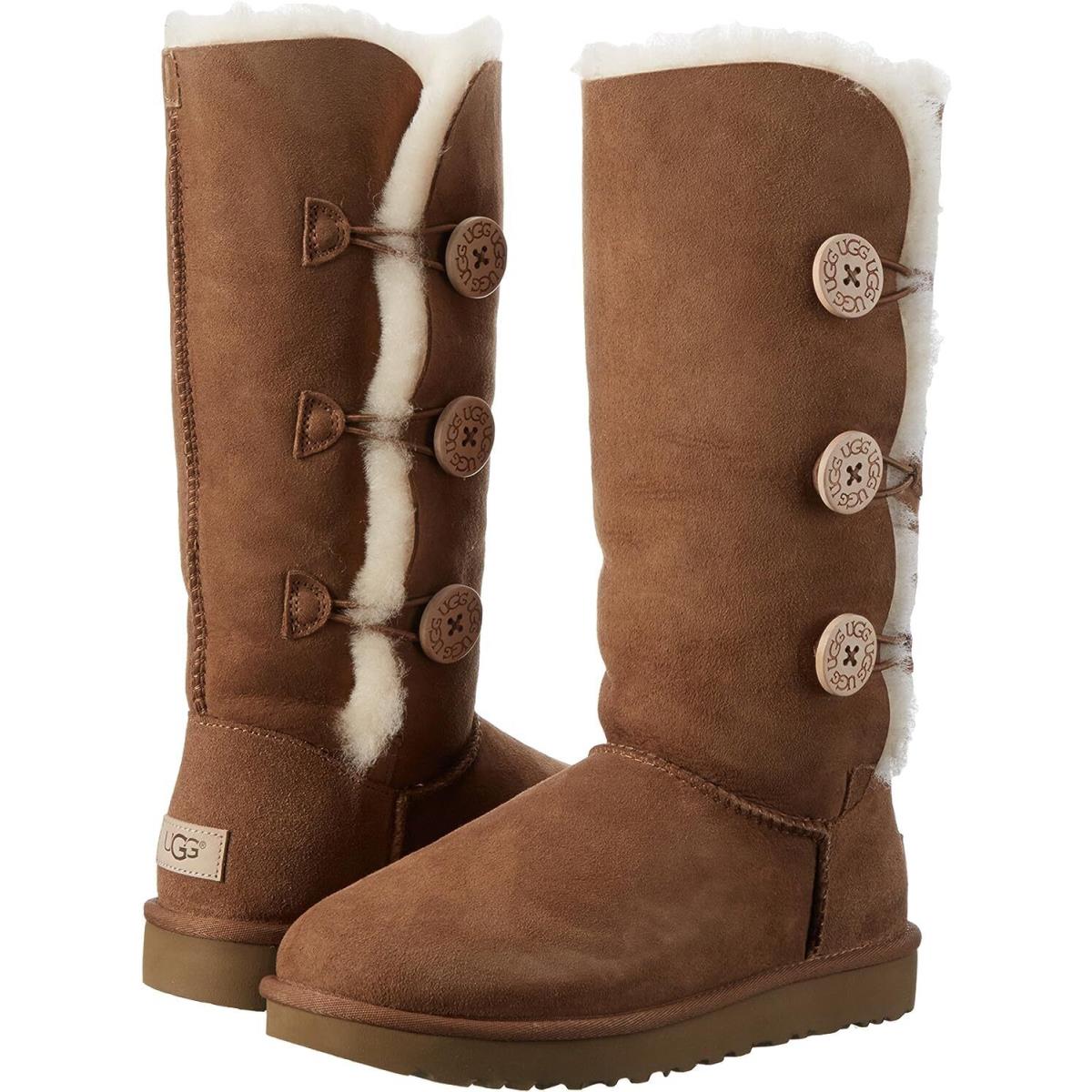 Women`s Shoes Ugg Bailey Button Triplet Suede Sheepskin Boots 1016227 Chestnut - Brown