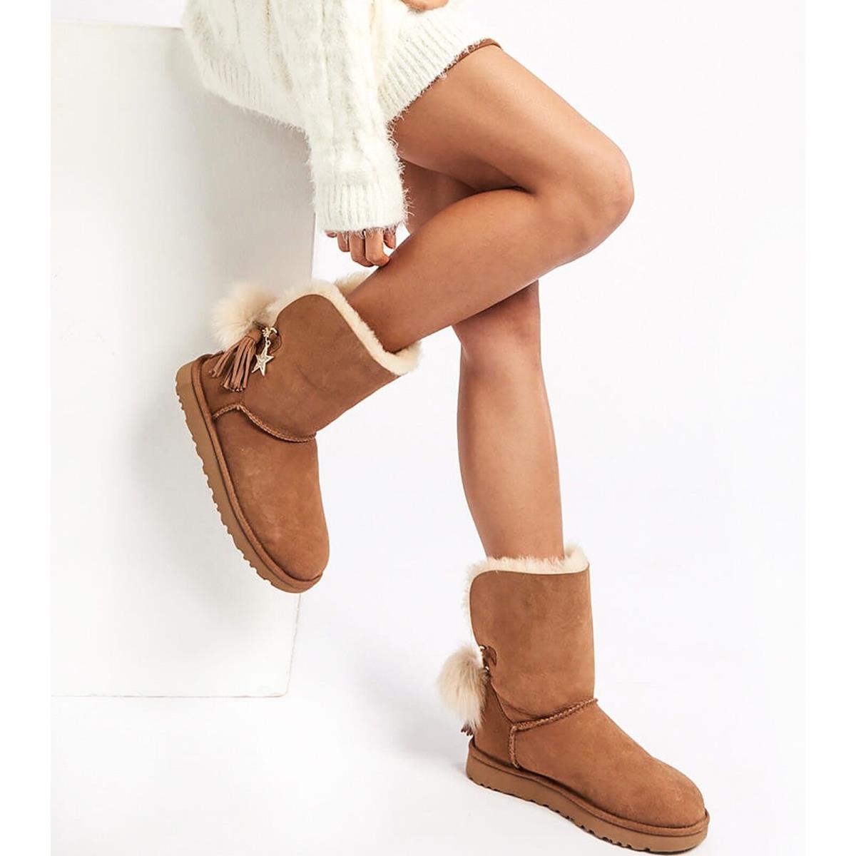 Women`s Shoes Ugg Classic Pom Pom Star Charm Short Boots Chestnut