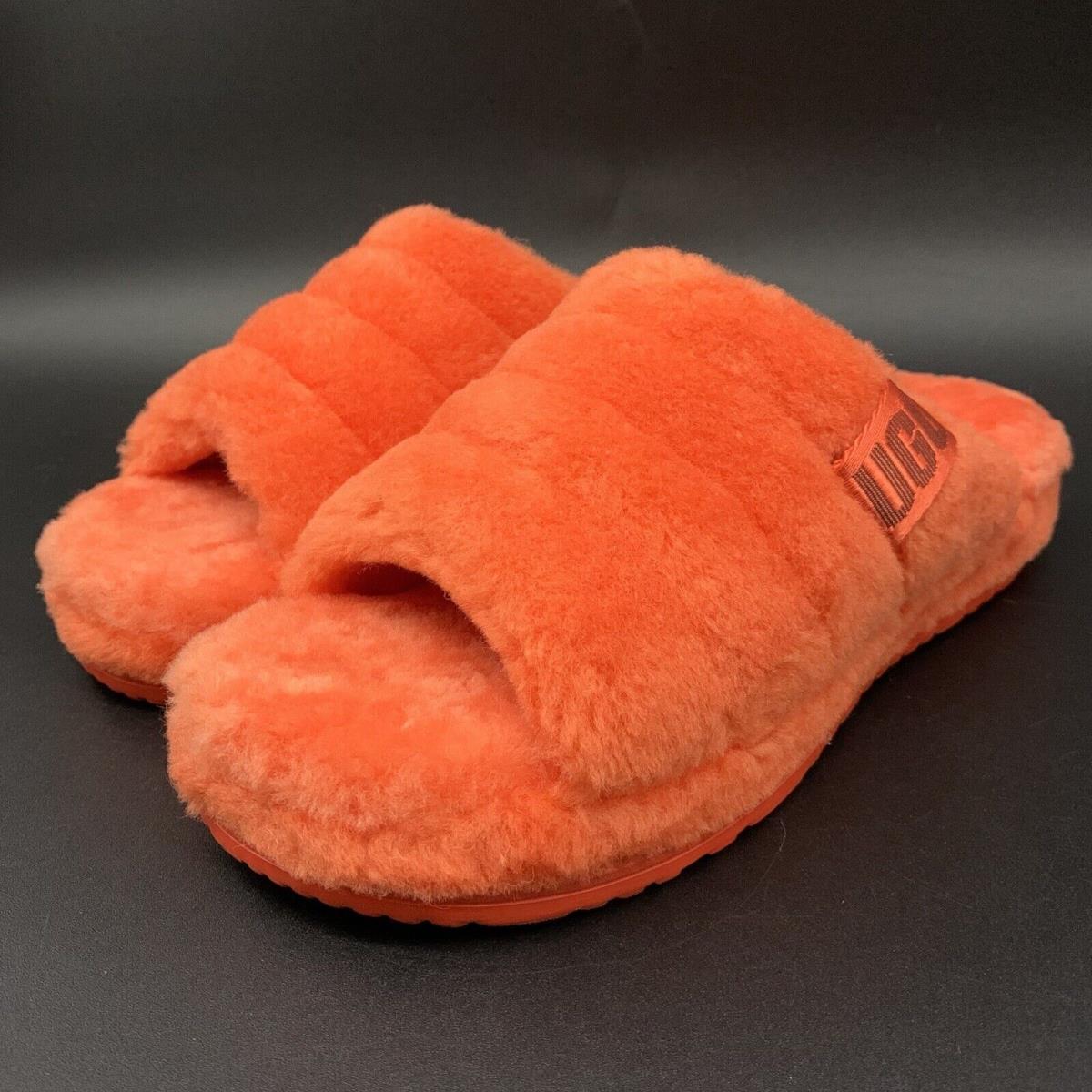 Mens US 9 Ugg Fluff You Slide Hazard Orange Warm Wool Slipper Sandal Shoe