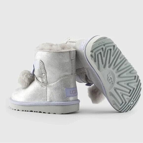 Ugg Gita Metallic Boot Girl 4 Silver Pom Pom Kids Shoes 1019701K