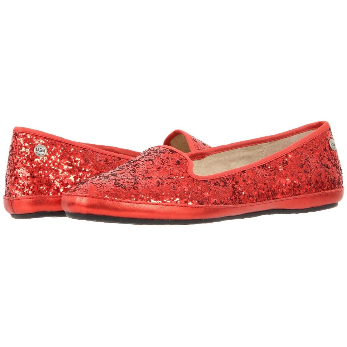 Ugg Australia Size 6 Alloway Glitter Red Leather Flat Slipper Women`s Shoe - Red