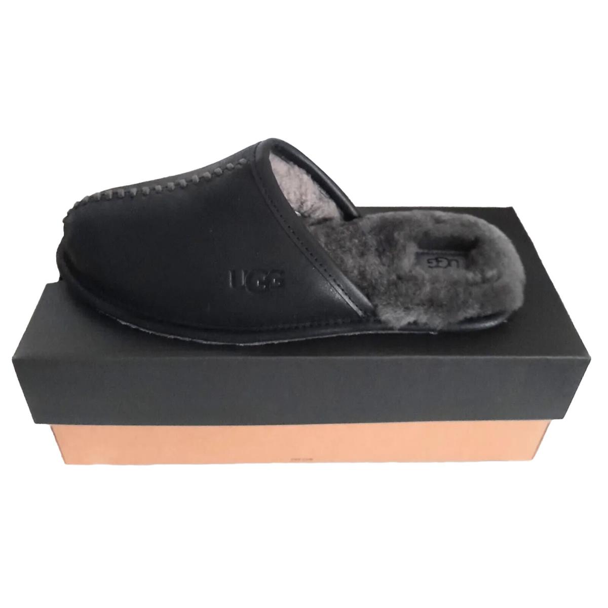 Ugg Scuff Deco Black Leather Shearling Men`s Size 8 Slippers Shoes