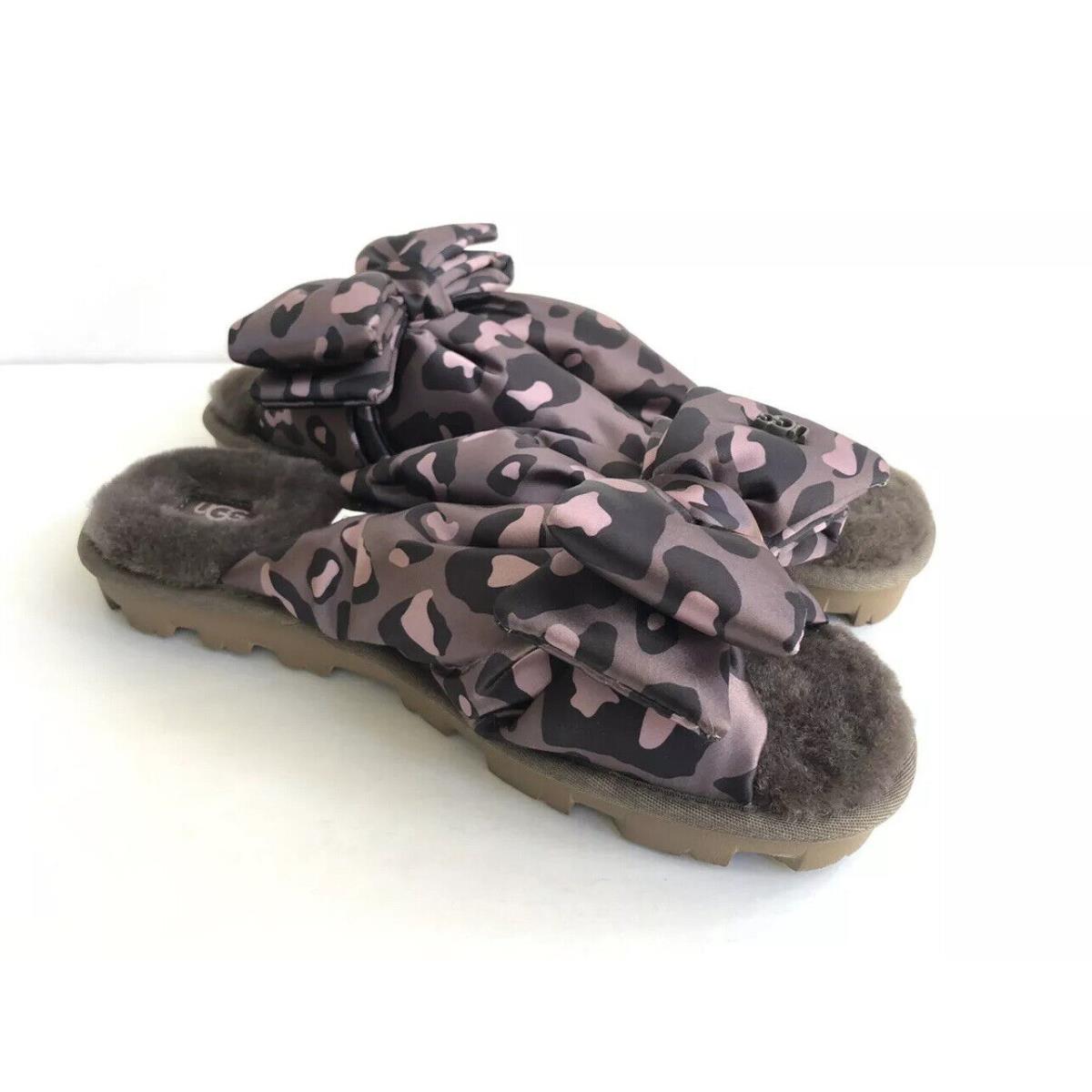 Ugg Lushette Leopard Puffer Slate Satin Bow Slipper US 7 EU 38