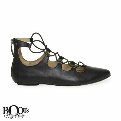 Ugg Lorianna Black Leather Parisian Elastic Wrap Flats Shoes Size US 7.5/UK 6 - Black