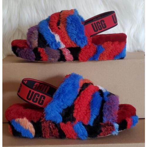 Ugg Red Cali Colorful Fluff Yeah Slide Fur Shoes Slippers Women`s Size 7