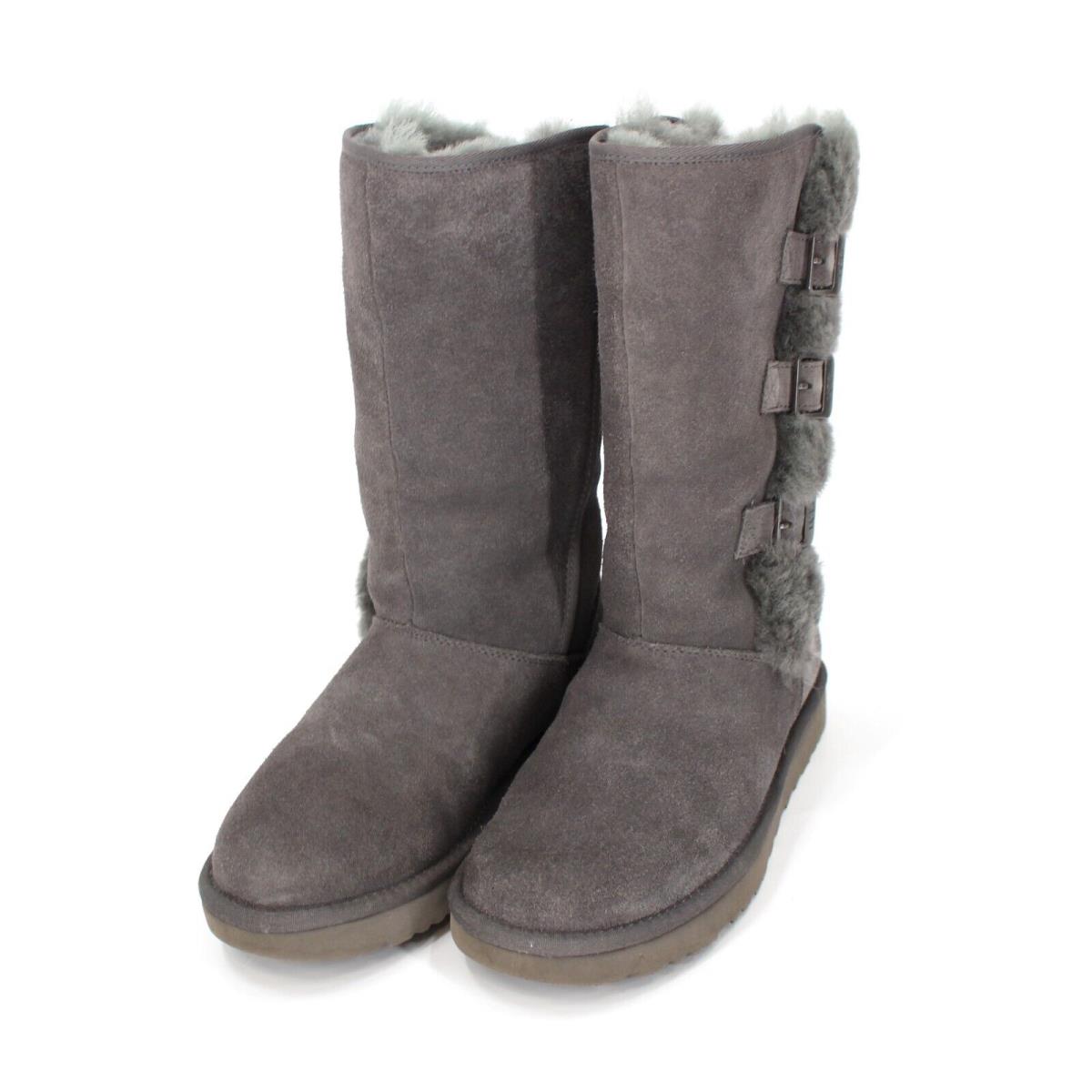 Ugg Klea Charcoal Grey Suede Shearling Boots 7 Sheepskin Lined Buckle Shoe 38