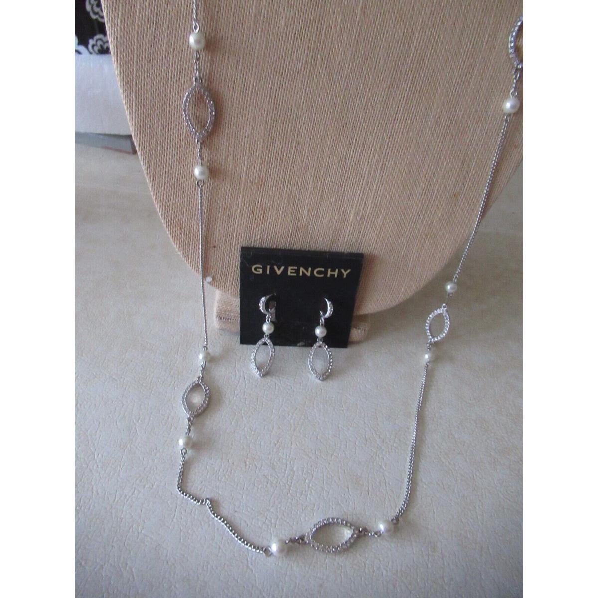 Givenchy Pearl / Pave Stones Silver Tone Drop Earrings/ Long Necklace