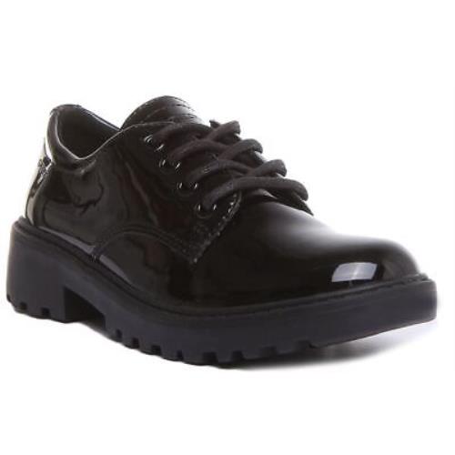 Geox J Casey Girls Lace Up Leather School Shoe In Black Patent Size US 10 - 4