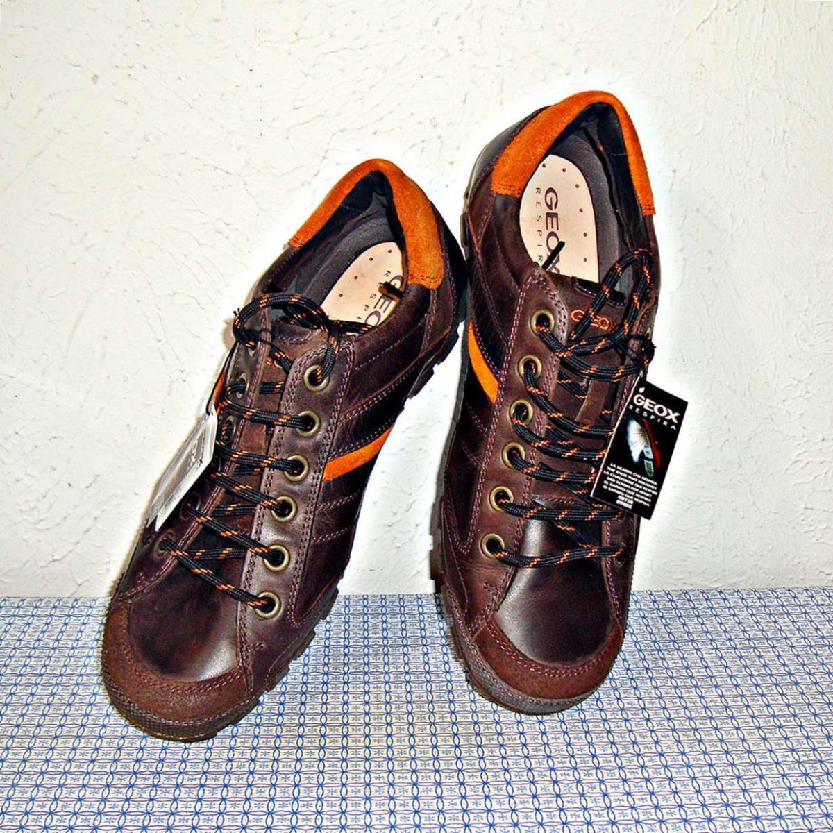 Geox Respira Men`s Coffee/orange Leather Shoes - Size: US 9 EU 42