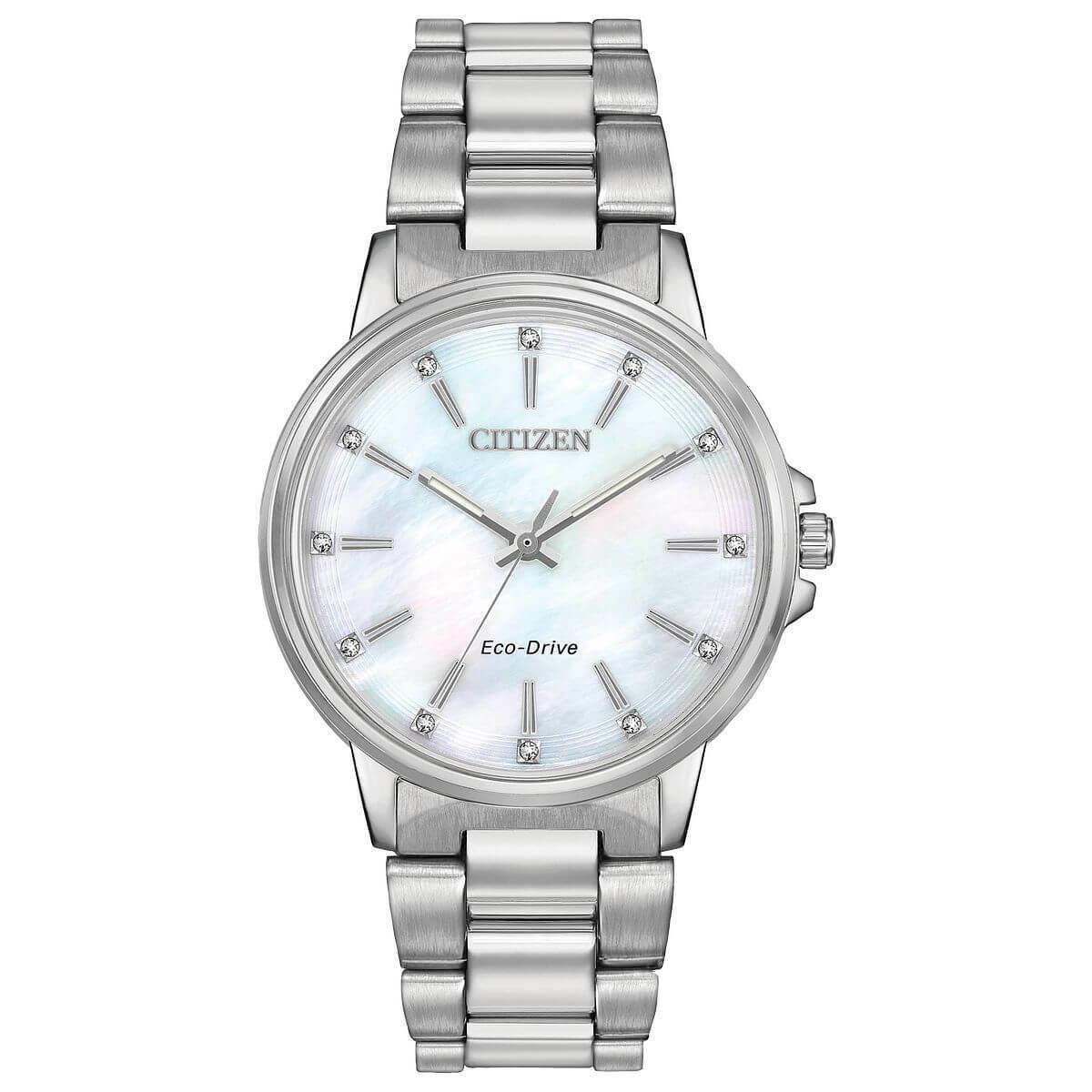 Citizen Chandler FE7030-57D Ladies 37mm Bracelet Watch - Dial: White Mother of Pearl, Band: Silver, Bezel: Silver