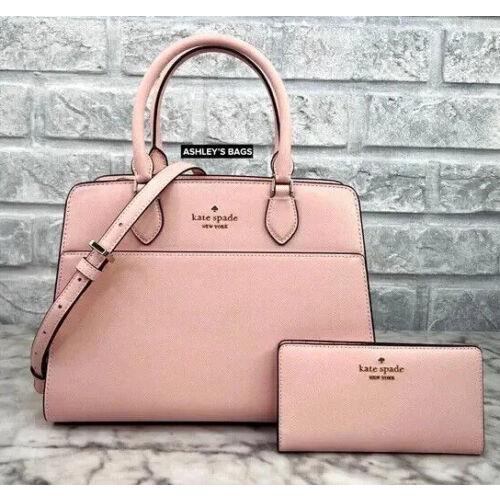 Kate Spade Madison Leather Medium Satchel Crossbody Shoulder Bag Wallet Set Pink