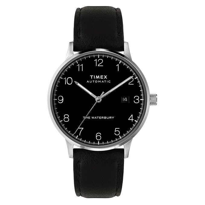 Timex Waterbury Classic Automatic Men`s Watch TW6Z2910ZV Leather - Dial: Black, Band: Black, Bezel: Silver