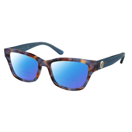 Tory Burch TY2112U Cat Eye Polarized Bifocal Sunglasses Blue Brown Tortoise 51mm Blue Mirror